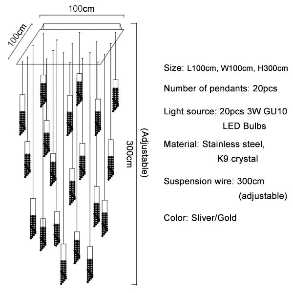 Crystal Staircase Chandelier: Modern LED Lighting for Living Room, Hall, or Loft