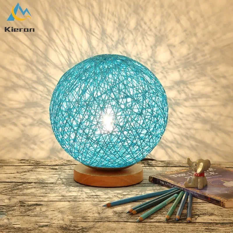 Rattan Ball Solid Wood LED Table Lamp for Living Room and Bedroom