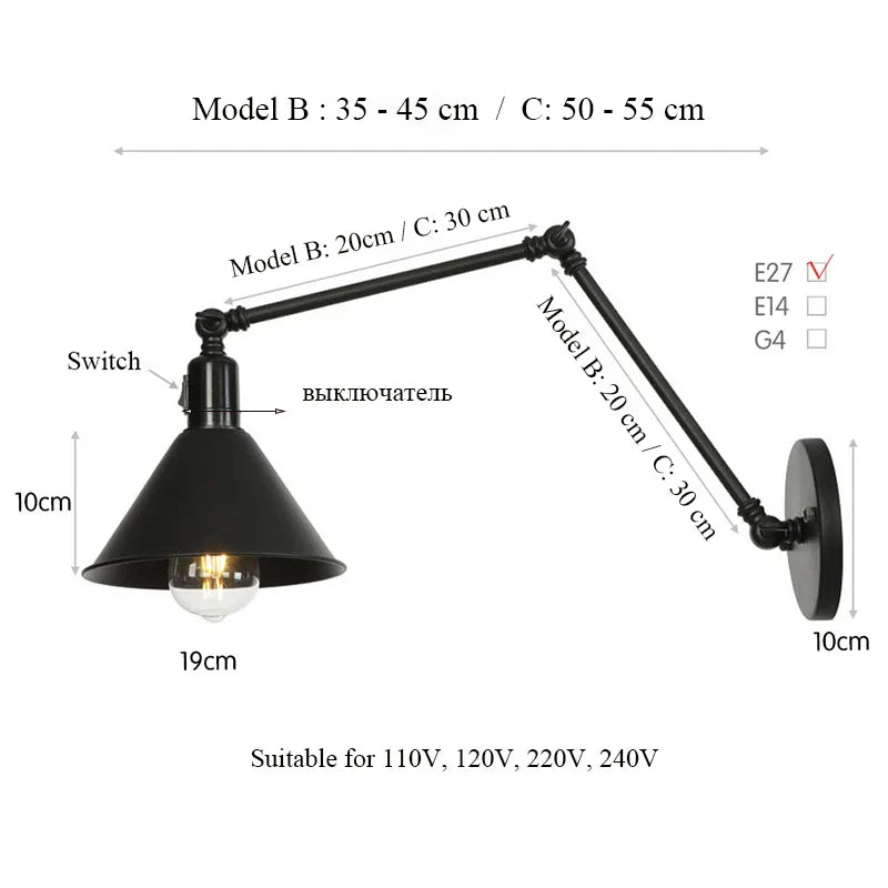 Retro Long Arm Bedside Wall Lamp with Switch - Black
