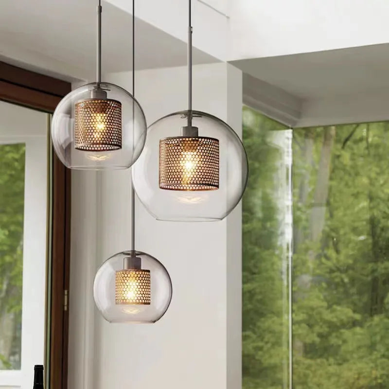 Nordic Mesh Glass Pendant Light - Silver Bronze Kitchen Dining Hanging Lamp