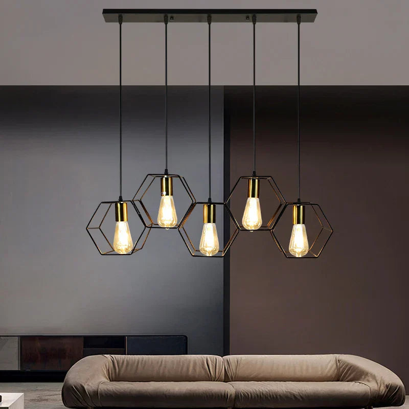 Geometric LED Chandelier: Modern Metal Frame Light for Dining Room or Bedroom