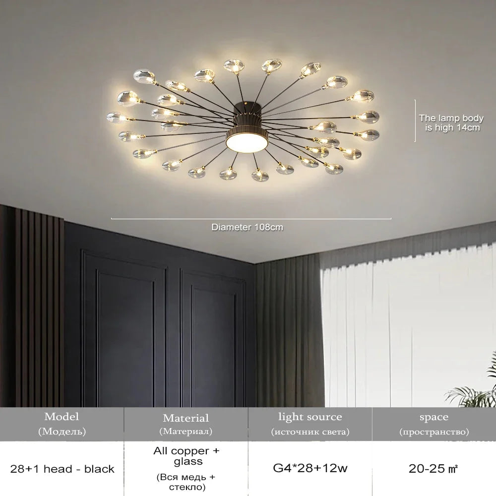 Copper Fireworks LED Ceiling Chandelier for Modern Bedroom and Living Room Decor