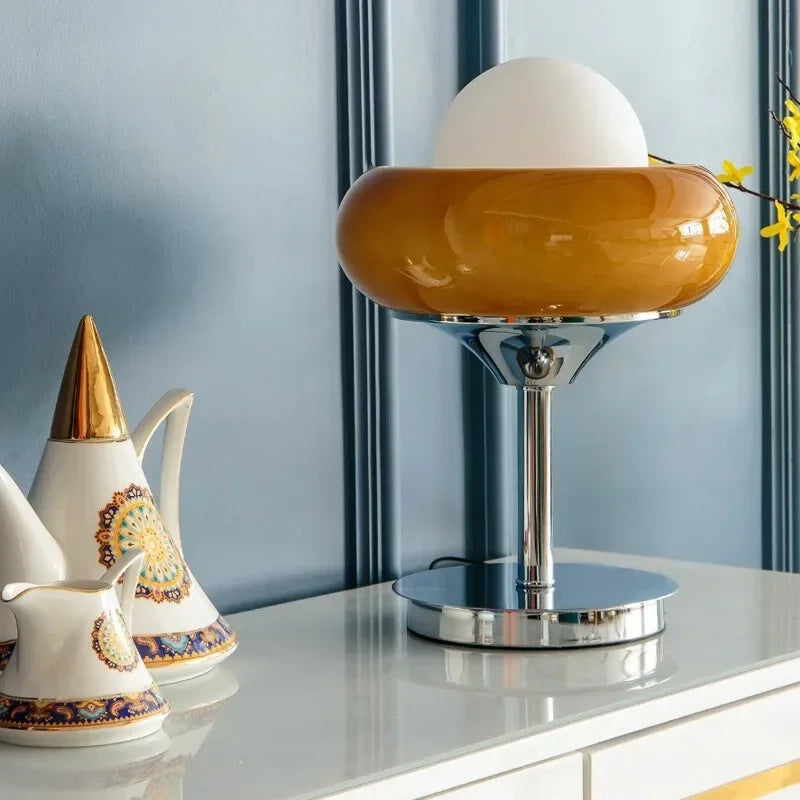 Retro Orange Glass Table Lamp with Egg Tart Lampshade