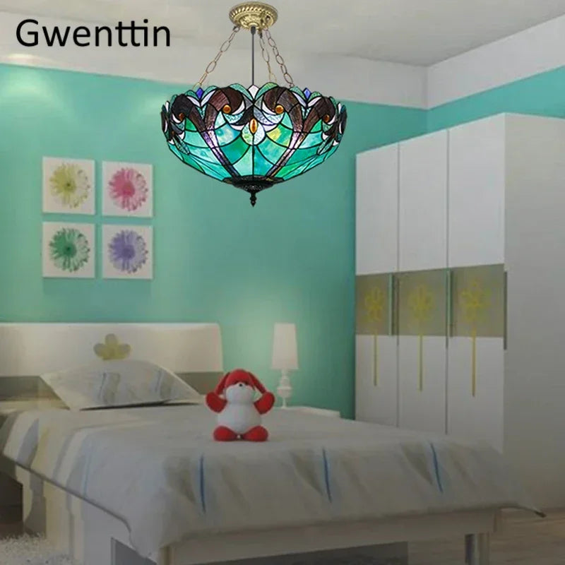 Mediterranean Tiffany Stained Glass Pendant Light Vintage Hanging Lamp Art Decor