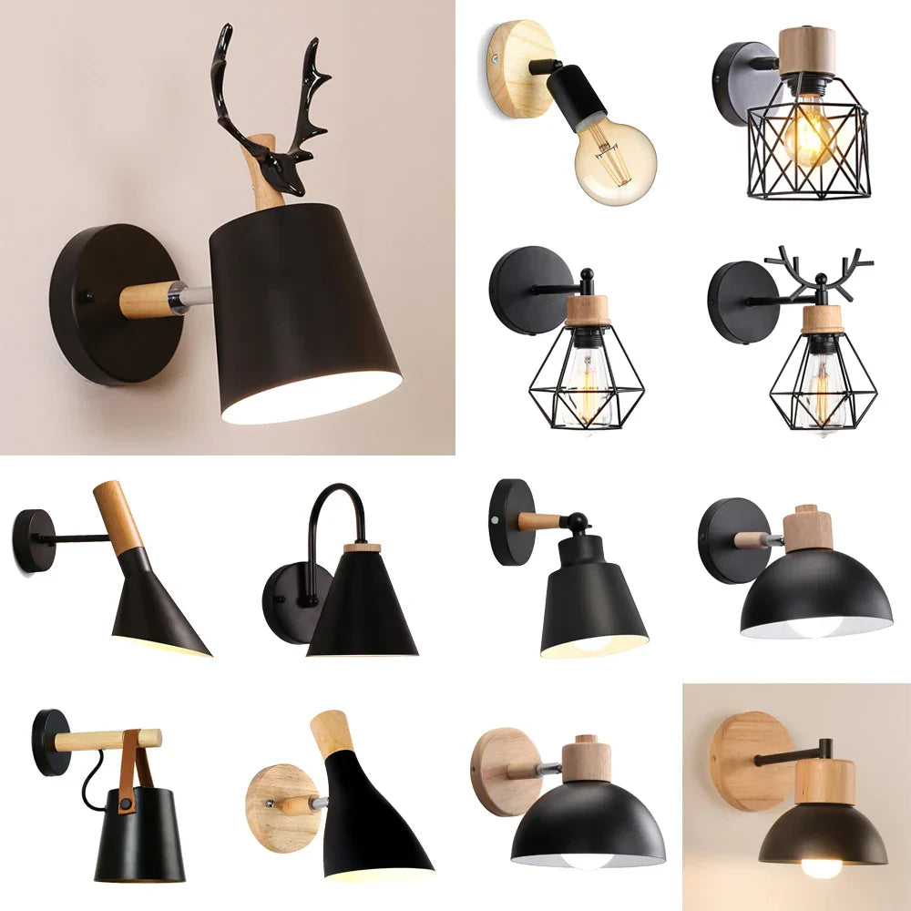 Black Wooden Wall Light Modern E27 LED Sconce Living Room Decor