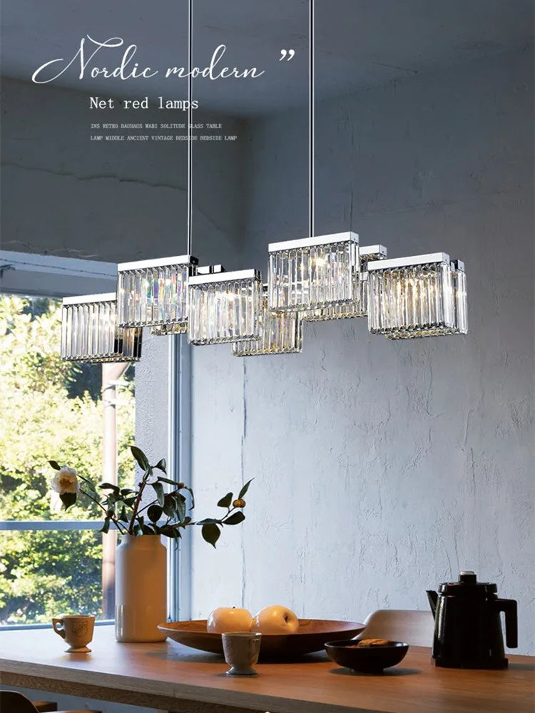 Crystal Pendant Lights for Dining Room, Luxury Rod Lamp with Led, Chrome Finish