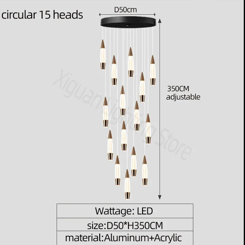 Modern LED Staircase Chandelier in Black Gold Finish