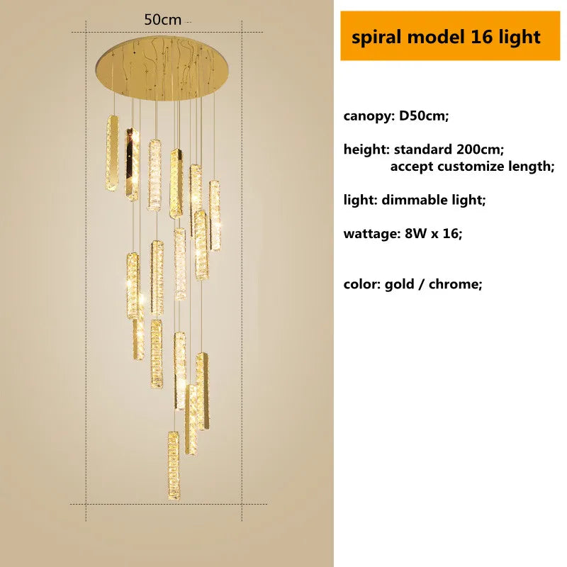 Crystal Lustre Pendant Lights with Dimmable LED, Adjustable Cable - Gold Chrome Steel