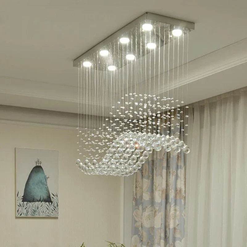 LED Crystal Chandelier Chrome Finish Modern Wave Art Decor Suspension Light
