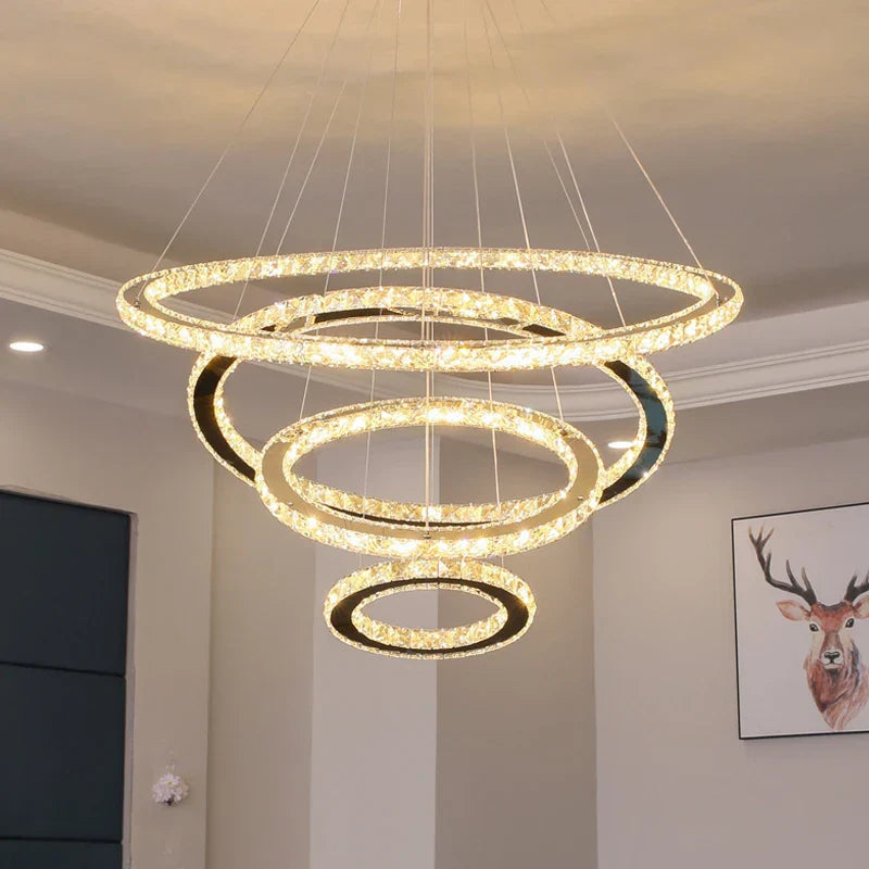 Gold Gloss LED Crystal Ring Chandelier for Modern Luxury Living Room