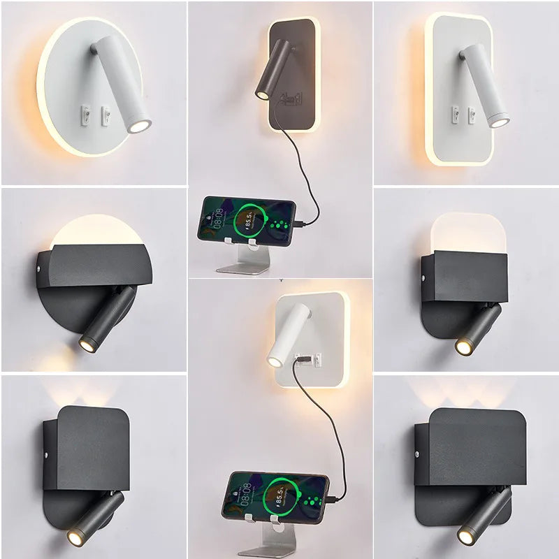 LED Wall Lamp USB Charging Bedroom Hotel Bedside Reading Sconce Switch