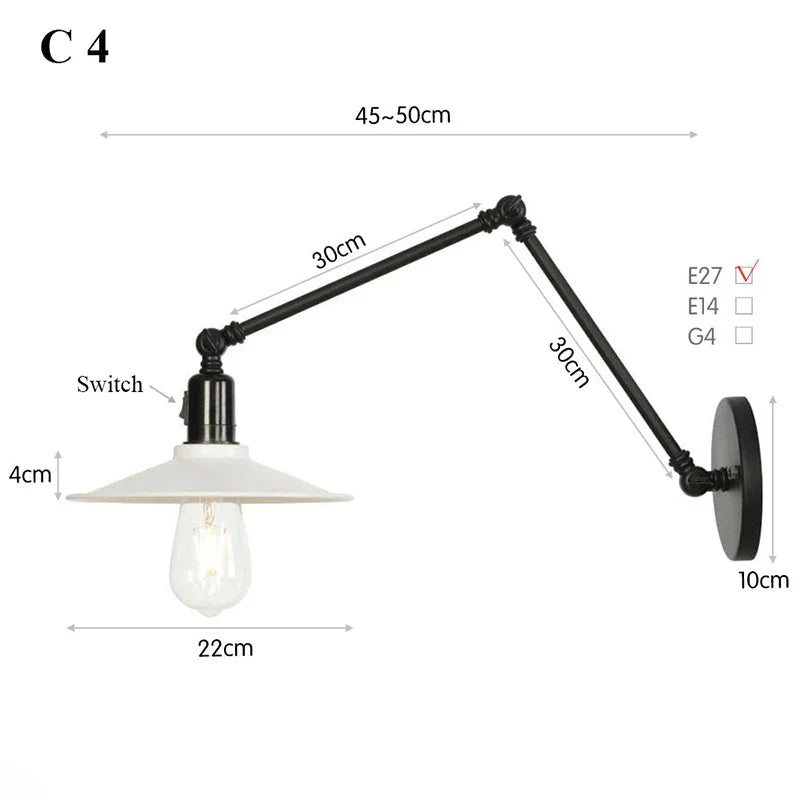 Retro Long Arm Bedside Wall Lamp with Switch - Black