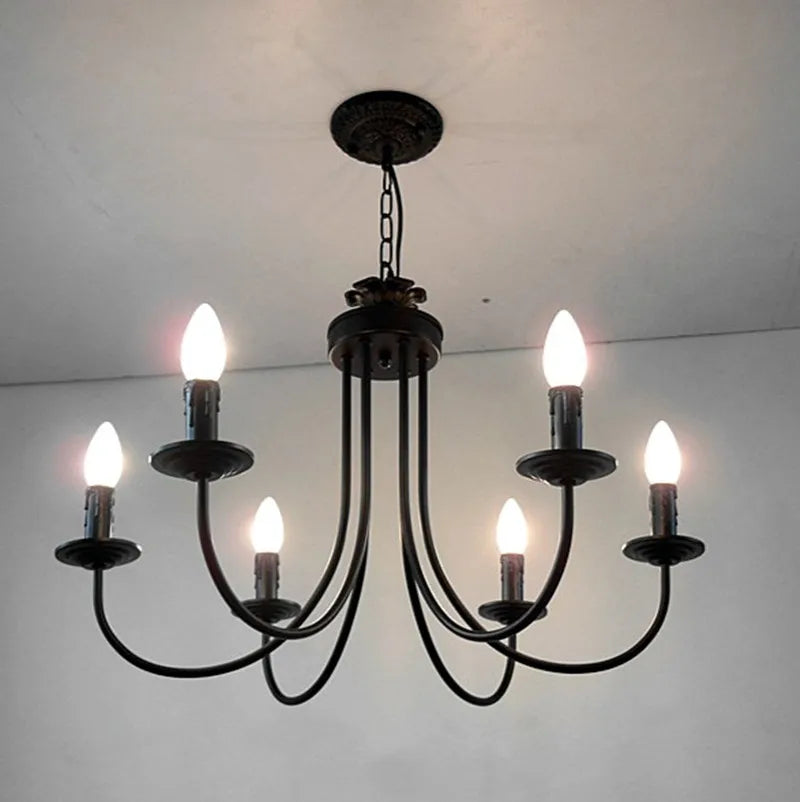 Black Curved Arm LED Chandelier: Classic Wrought Iron Candle Lighting Fixture