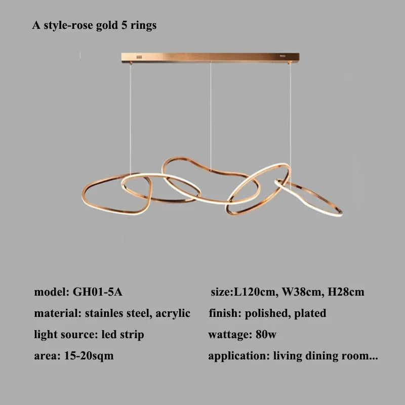 Rose Gold LED Chandeliers: Modern Rings Lighting for Living, Dining, Kitchen - Luminaire