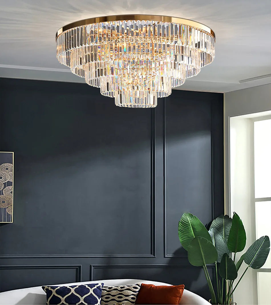 Gold LED Crystal Ceiling Light for Modern Living Room, Luxury Home Decor