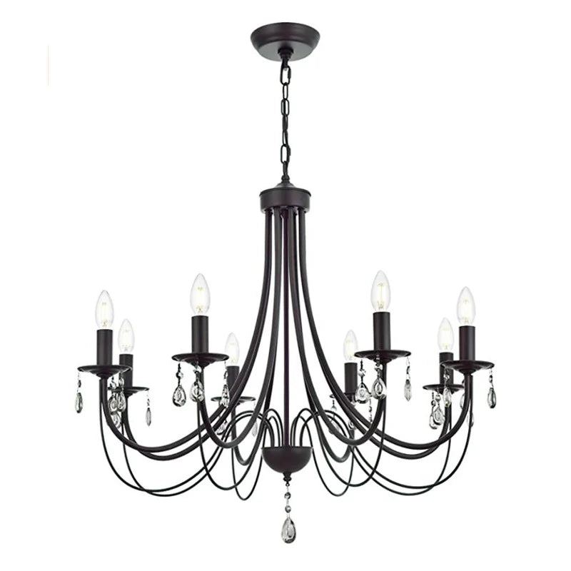 Black Iron Chandelier with Crystal Pendant for Home Lighting