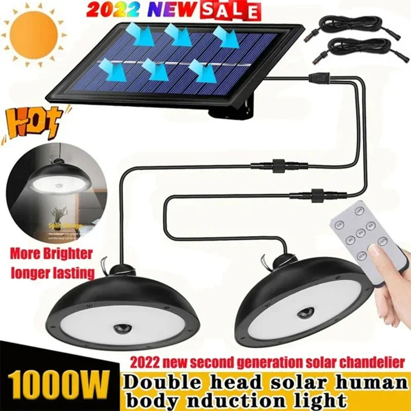 Solar Double-Head Chandelier: Waterproof LED Pendant Light with Remote Control