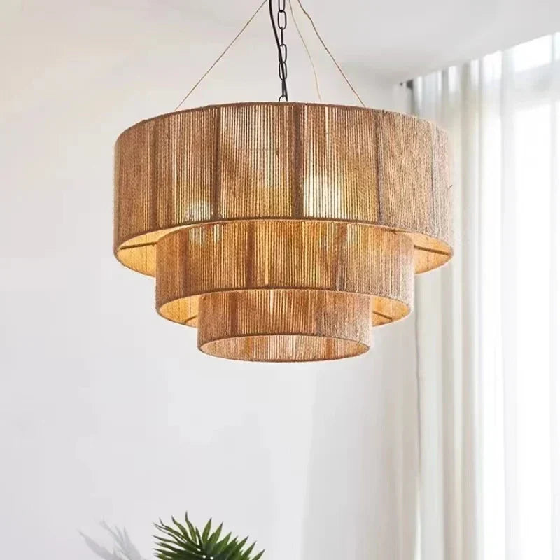 Rattan Pendant Light Handmade Hemp Rope, Japanese Design for Dining Room and Cafe