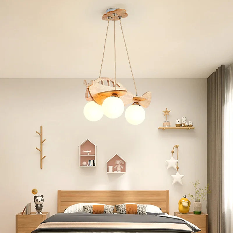 Kids Wood Airplane Chandelier LED Suspension Light for Boy's Bedroom