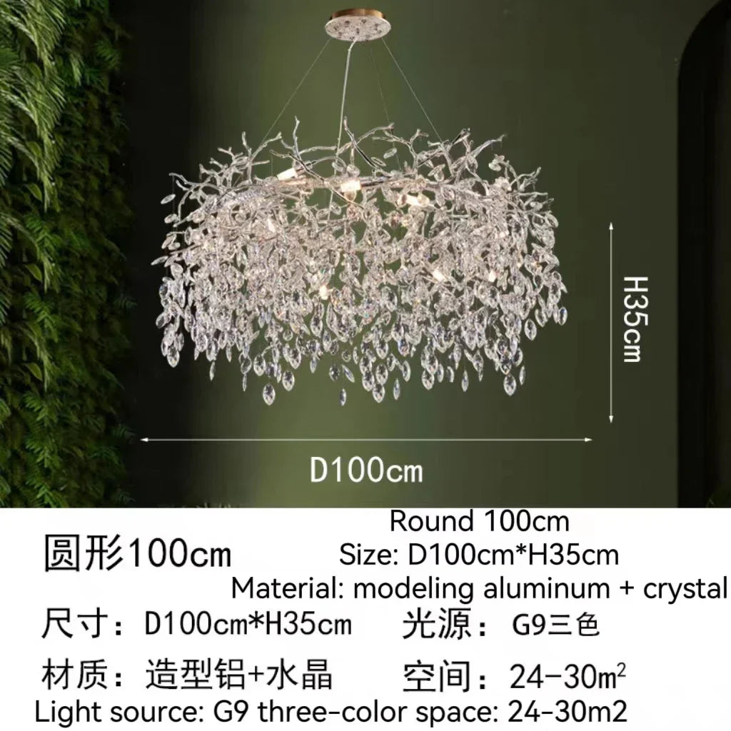 Golden Crystal Tree Chandelier, Luxury Matte Aluminum Art Ceiling Light for Living Room