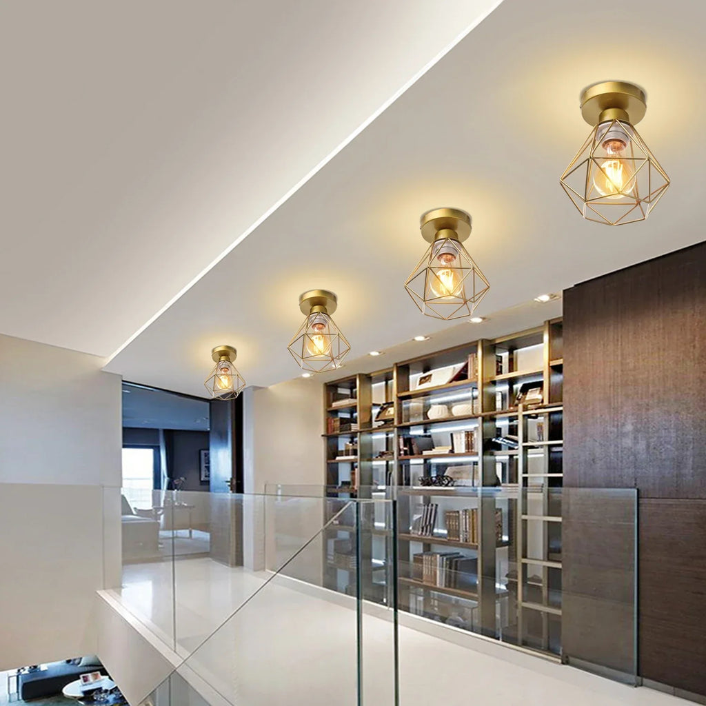Gold Iron Cage Ceiling Light Modern Nordic Decor Retro Loft Fixture E27