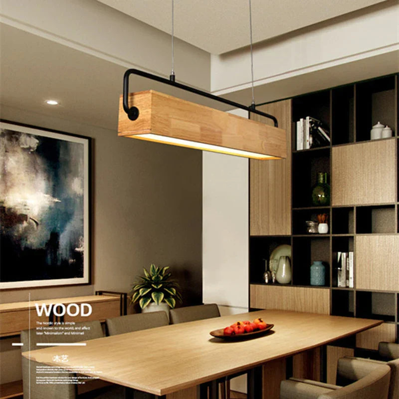 Nordic Wood LED Pendant Light with Metal Rod for Dining Room & Cafe