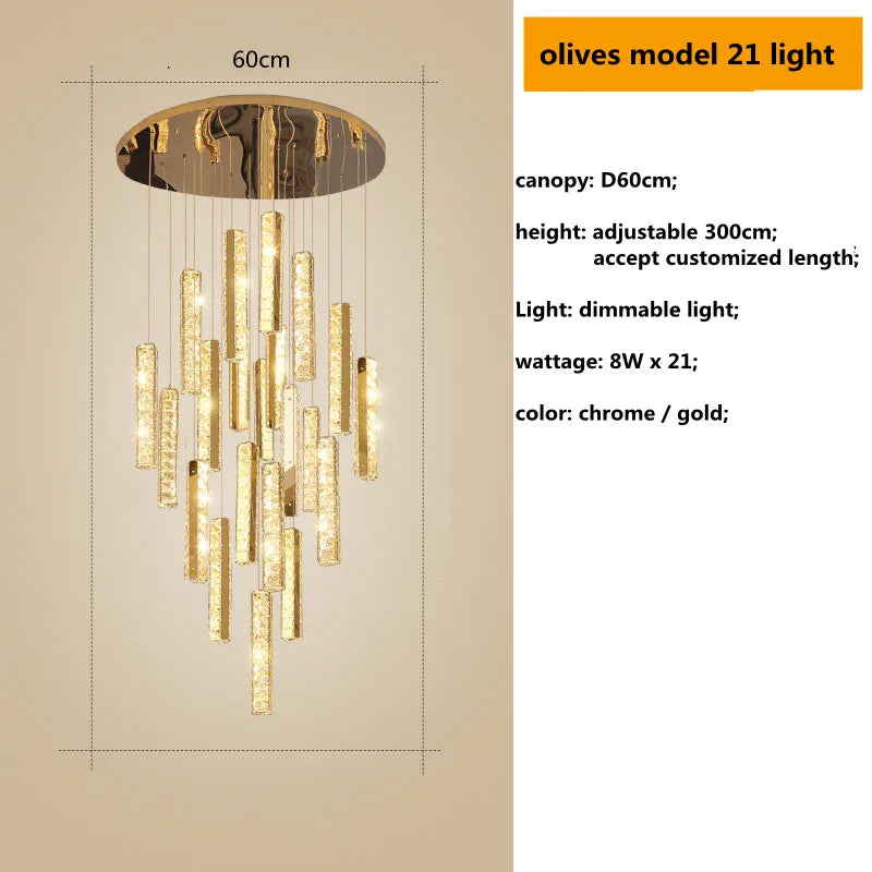Crystal Lustre Pendant Lights with Dimmable LED, Adjustable Cable - Gold Chrome Steel