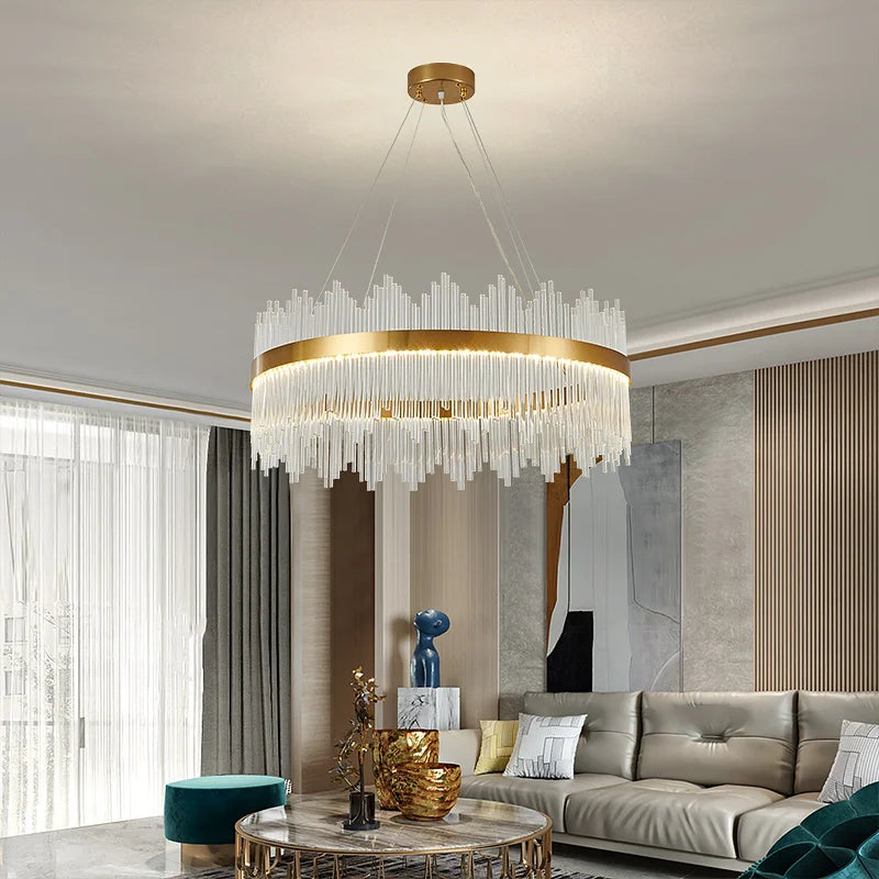 Crystal Rod Round Chandelier: Modern Nordic Light for Living Room, Bedroom, Dining Room, Kitchen