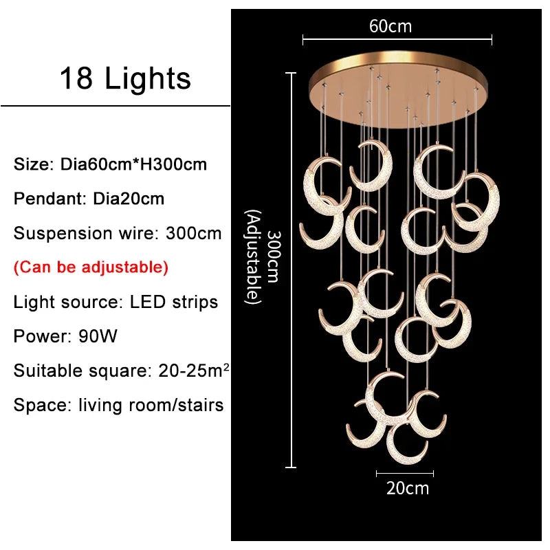 Moon Design Acrylic LED Chandelier Modern Staircase Pendant Light