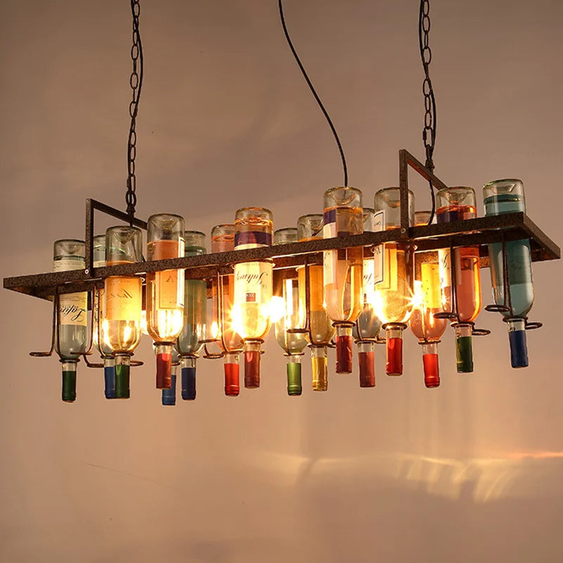 Rust Metal Wine Bottle Chandelier for Cafe LOFT Bar Lighting