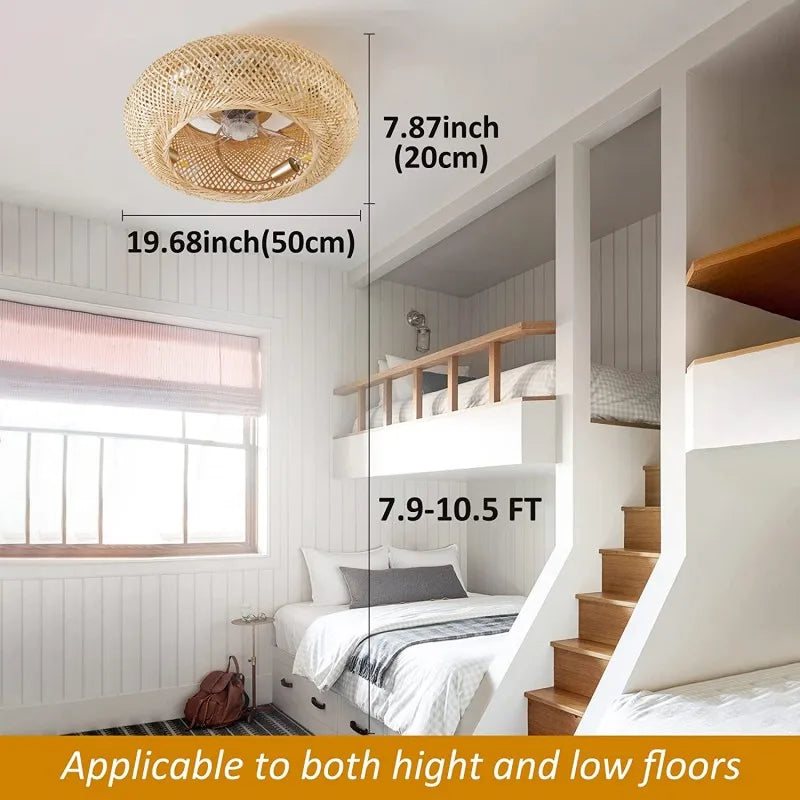 Bamboo Ceiling Fan with Rattan Cage Light & Remote Control
