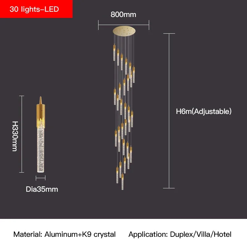 Crystal Staircase Chandelier: Modern Loft Hanging Lamps with Gold Finish