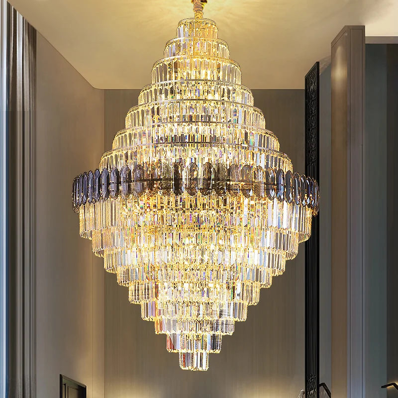 Luxury Duplex Living Room Chandelier – Crystal Rotating Staircase Light