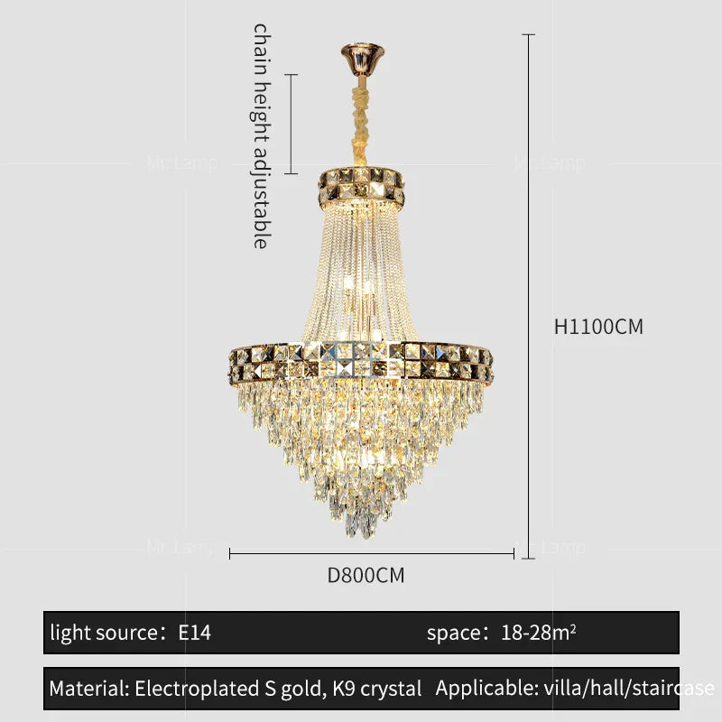 Smart Dimming Crystal Chandelier for Luxury Villa Living Room, High-end Duplex Building Atmosphere