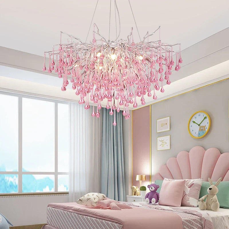 Kids' Pink Crystal Chandelier: Colorful Chrome Ceiling Light for Girls' Bedroom