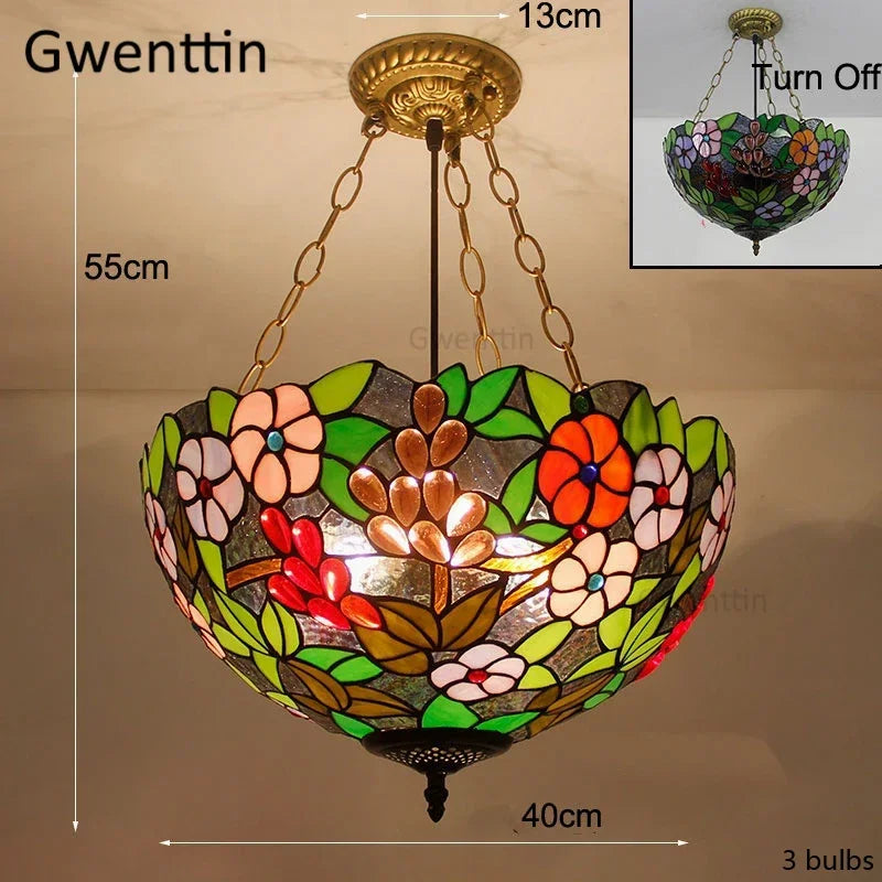 Mediterranean Tiffany Stained Glass Pendant Light Vintage Hanging Lamp Art Decor
