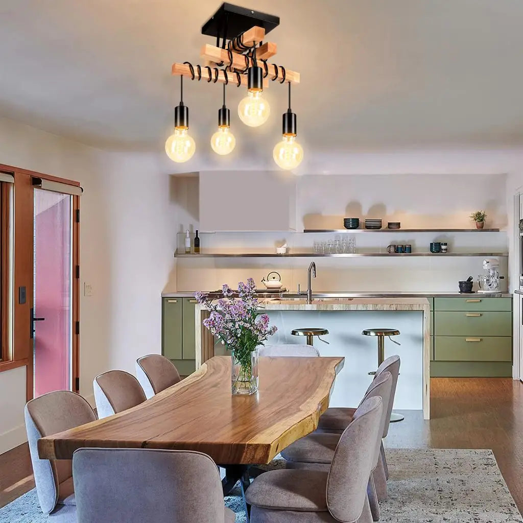 Vintage Industrial Wood Pendant Lights for Kitchen Island, Retro Loft Chandeliers