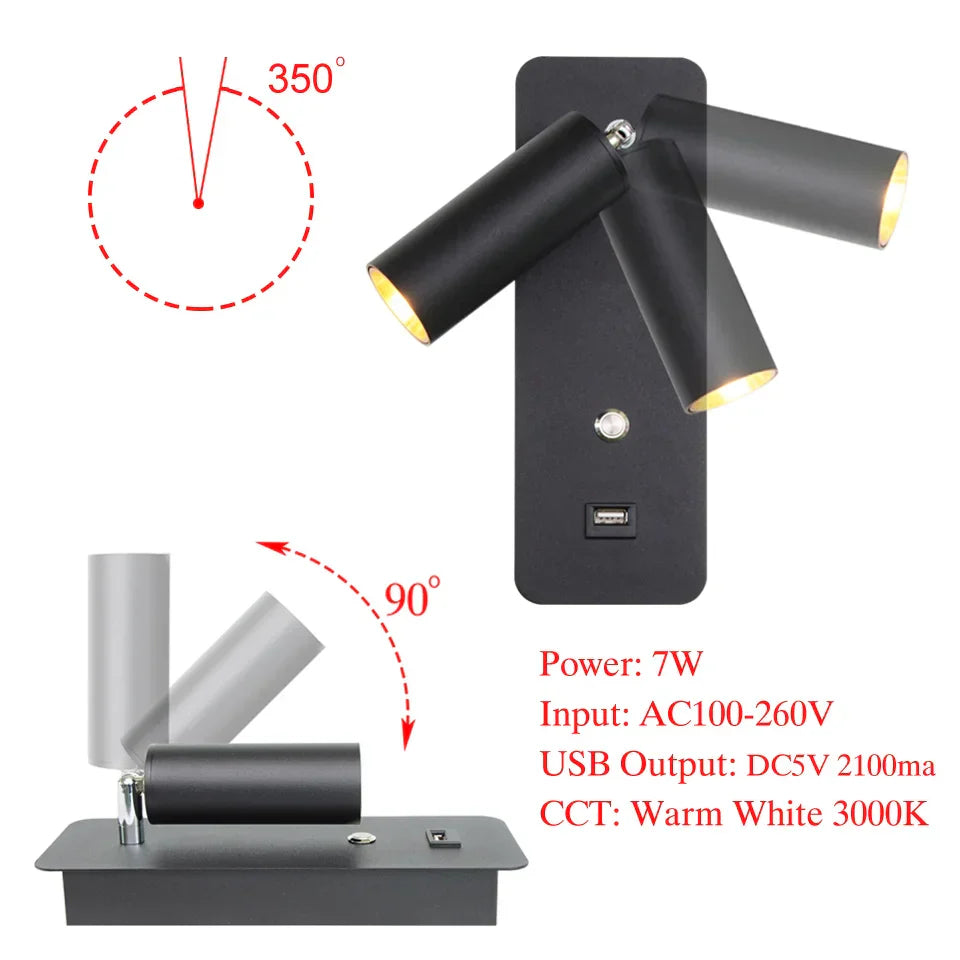 LED Wall Lights with Switch and USB Interface in White or Black, Modern Sconce