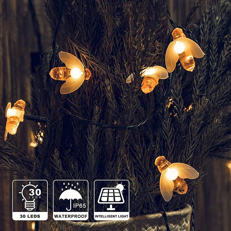 Solar Bee String Lights: Outdoor Fairy Light Garland 8 Modes Waterproof Garden Party Decor