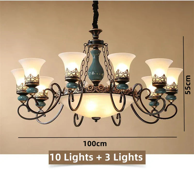 Vintage Ceramic Chandelier: European Classic Design, Glass Lampshade, Metal Arm Light