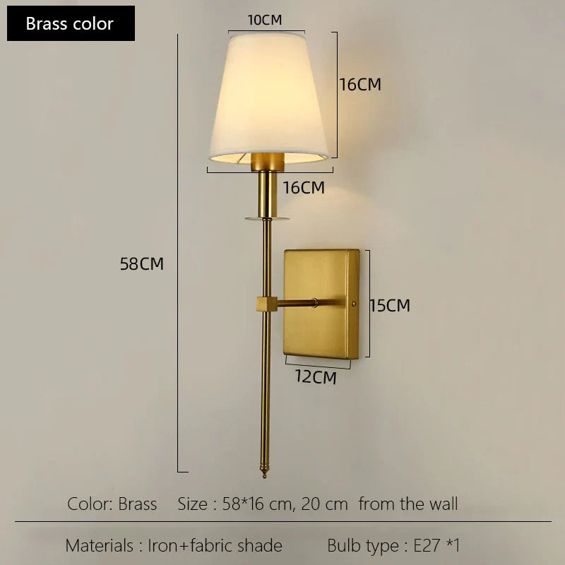 Black Brass Fabric Shade LED Wall Sconce for Bedroom & Mirror Decor