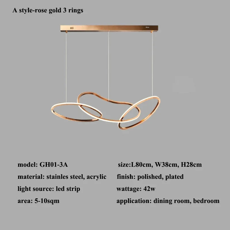 Rose Gold LED Chandeliers: Modern Rings Lighting for Living, Dining, Kitchen - Luminaire