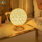 Minimalist Rattan Ball LED Table Lamp with Solid Wood Base
