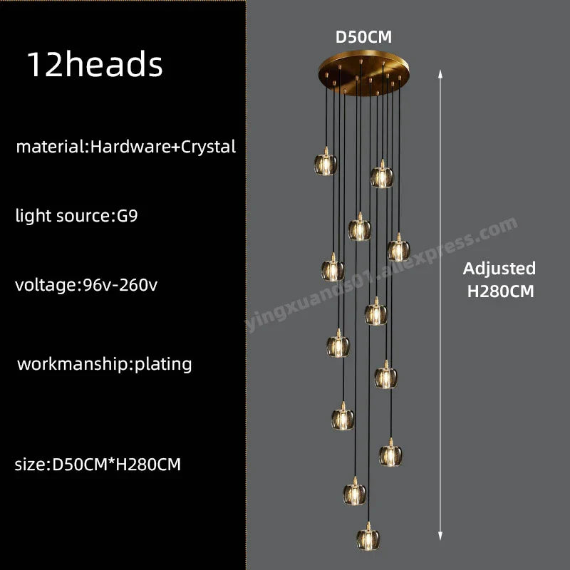 Black & Gold Crystal Chandelier LED Pendant Light Fixture Loft Staircase Lighting