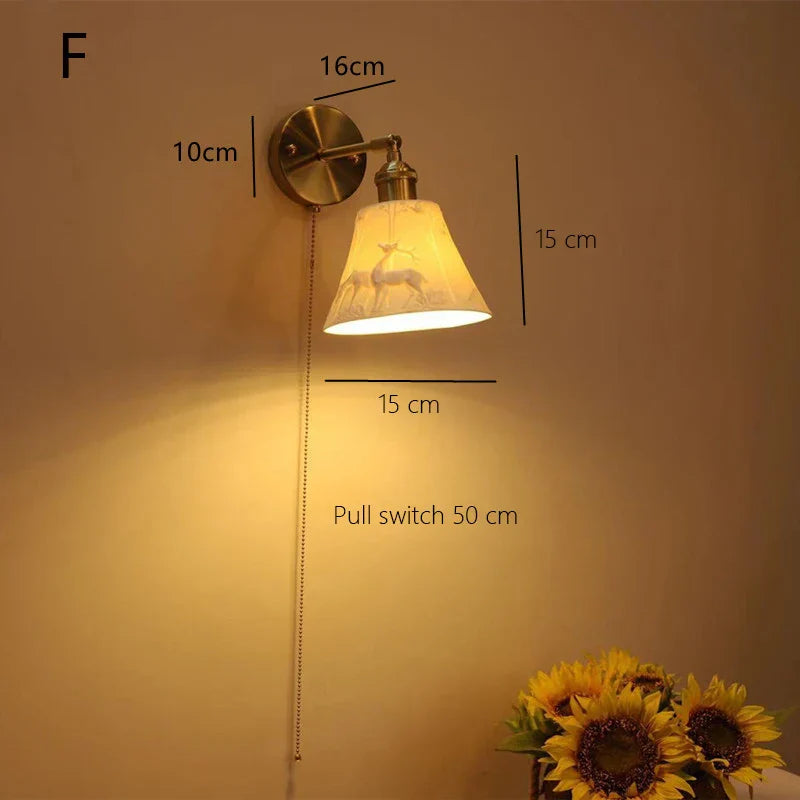 Ceramic Sconce Lamp, Vintage Brass Wall Light, Modern Minimalist Bedside Reading Lamp