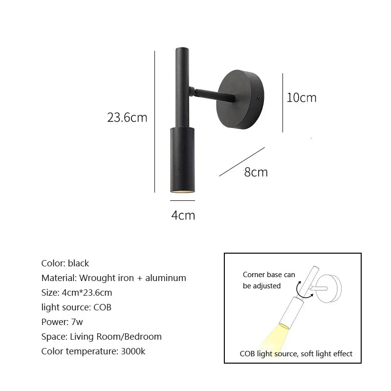 Adjustable Indoor LED Wall Lamp Spotlight Fixture, Aluminum, Rotatable 350°