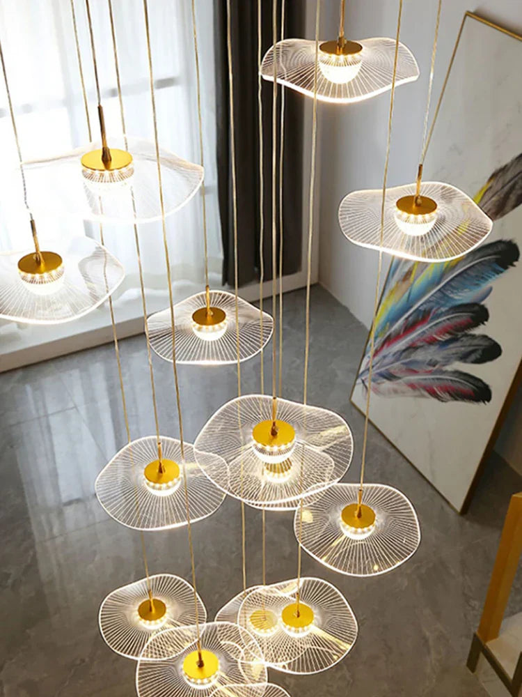 Gold Acrylic Chandeliers LED Pendant Lamp Modern Staircase Living Room Lighting
