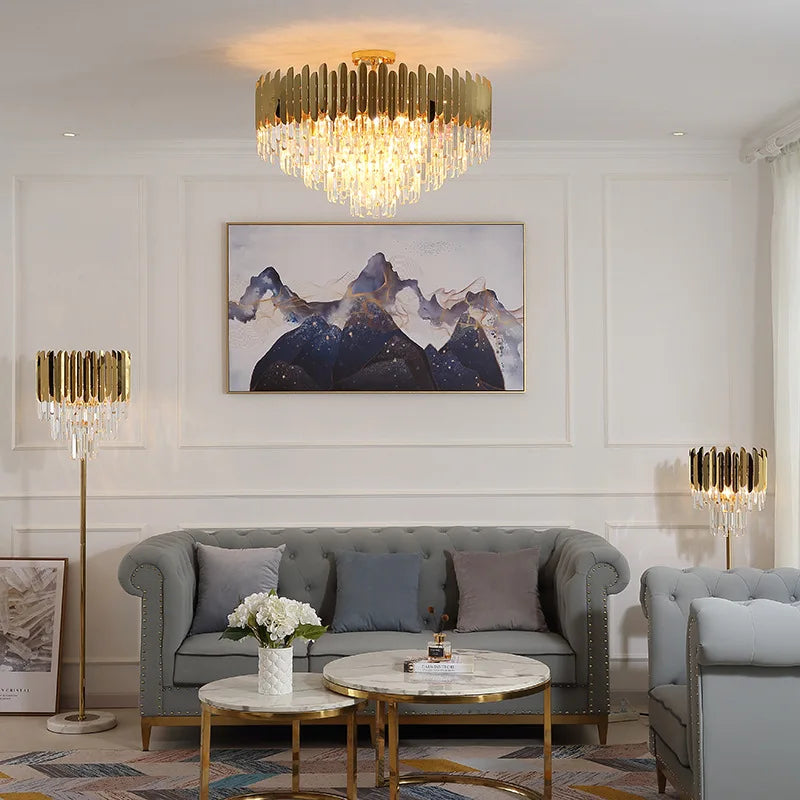 Golden LED Crystal Ceiling Light for Luxury Living Room, Modern Round Crystal Lamp