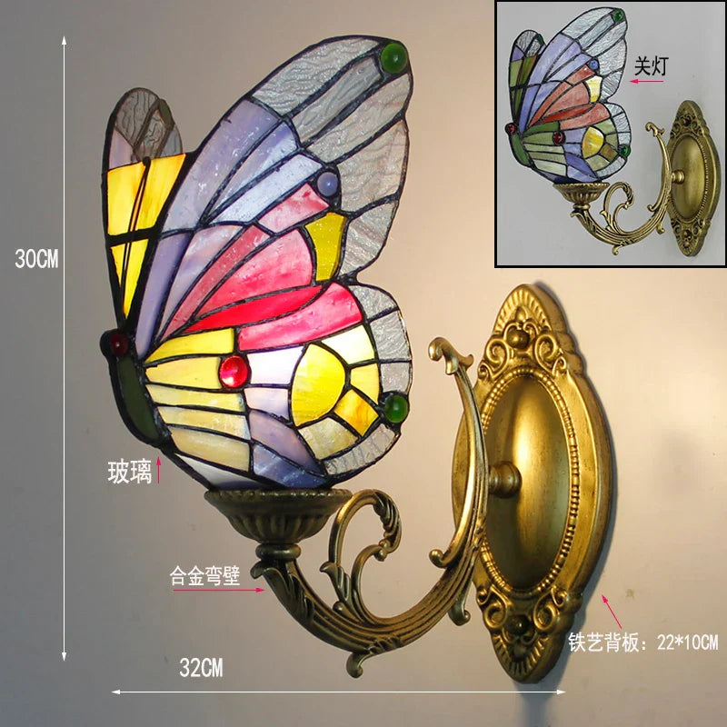 Butterfly Glass Sconces LED Wall Lamps Tiffany Mediterranean Bedroom Lighting