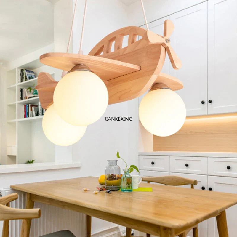 Kids Wood Airplane Chandelier LED Suspension Light for Boy's Bedroom